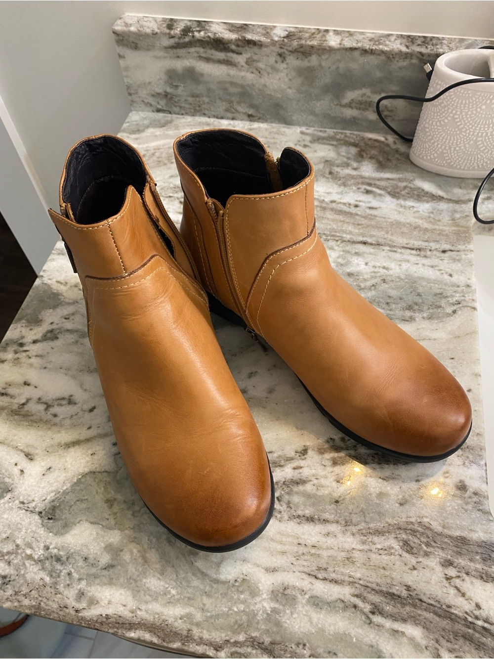 Propet Tan Leather Ankle Booties with Side Zip